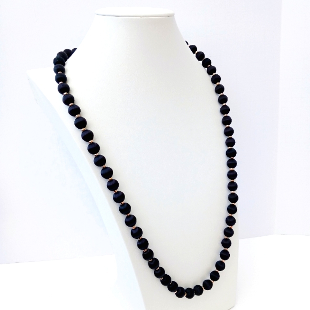 BLACK SILK BEAD NECKLACE rose-goldtone spacers 30" long